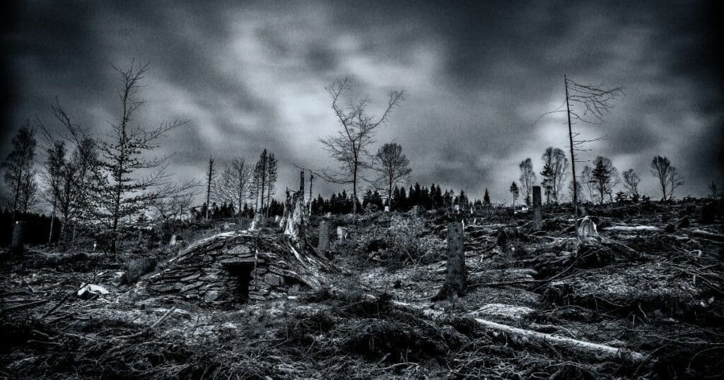 Black and white image of a deforested area, only some tree stumps are left